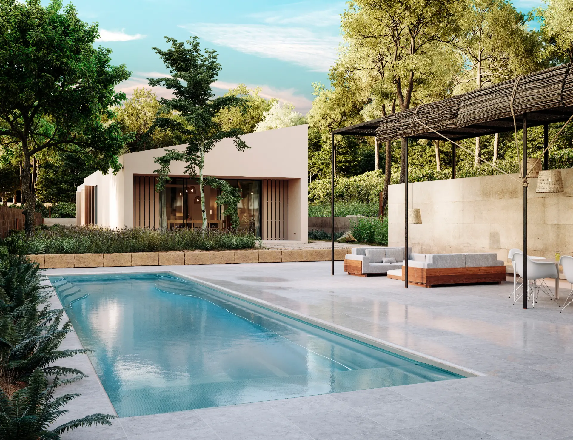 WaterRows keramisch zwembad uit de Double Series in een aangelegde tuin
