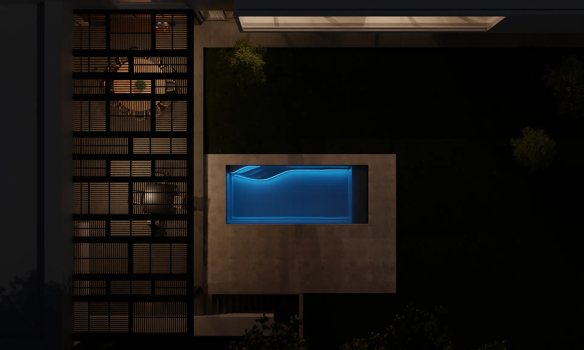 WaterRows keramisch zwembad met blauwe LED-verlichting in de avond