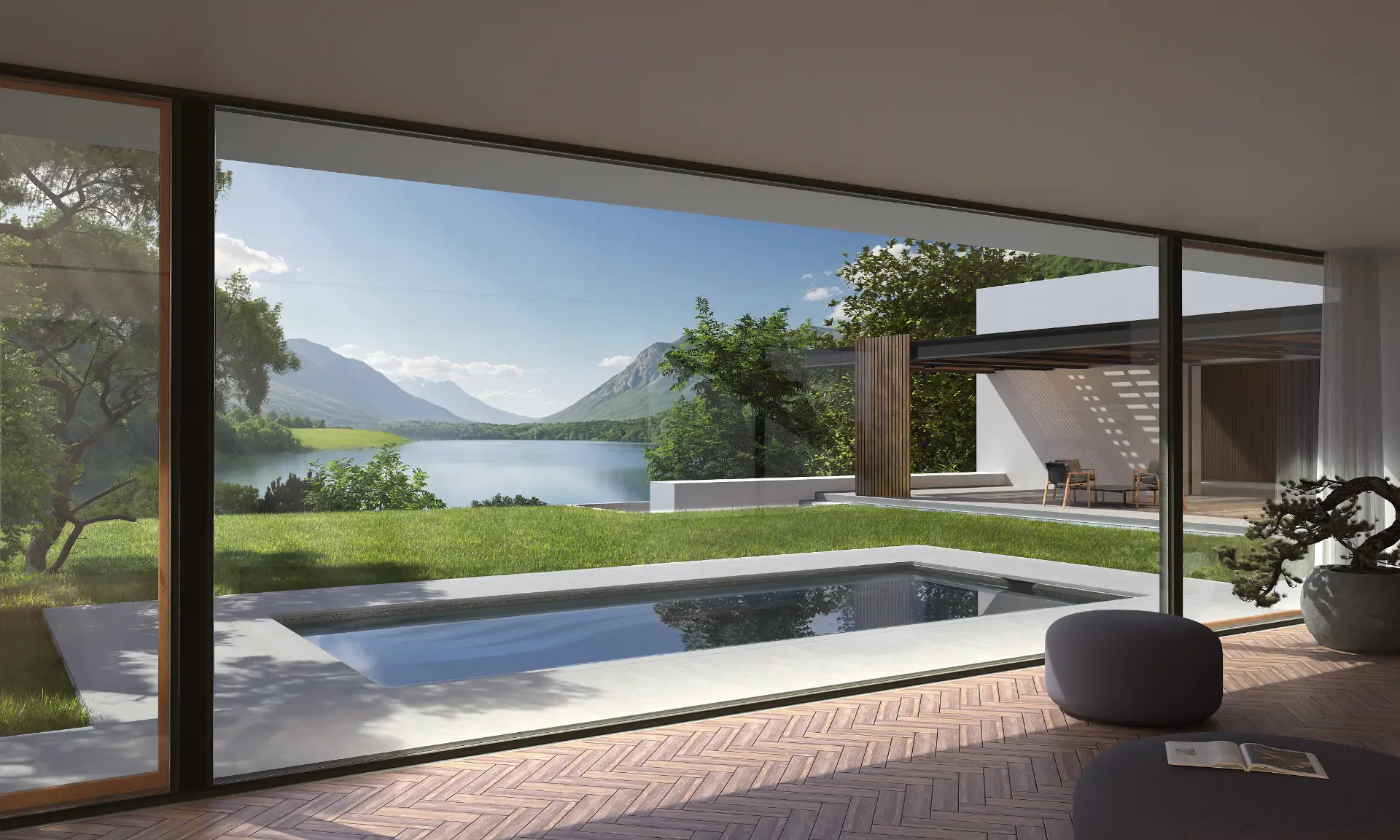 WaterRows keramisch zwembad opgenomen in een moderne tuin bij een villa