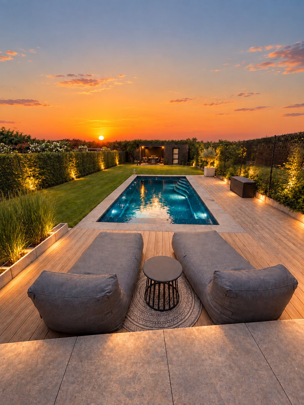 Keramisch zwembad in een luxe tuin bij zonsondergang